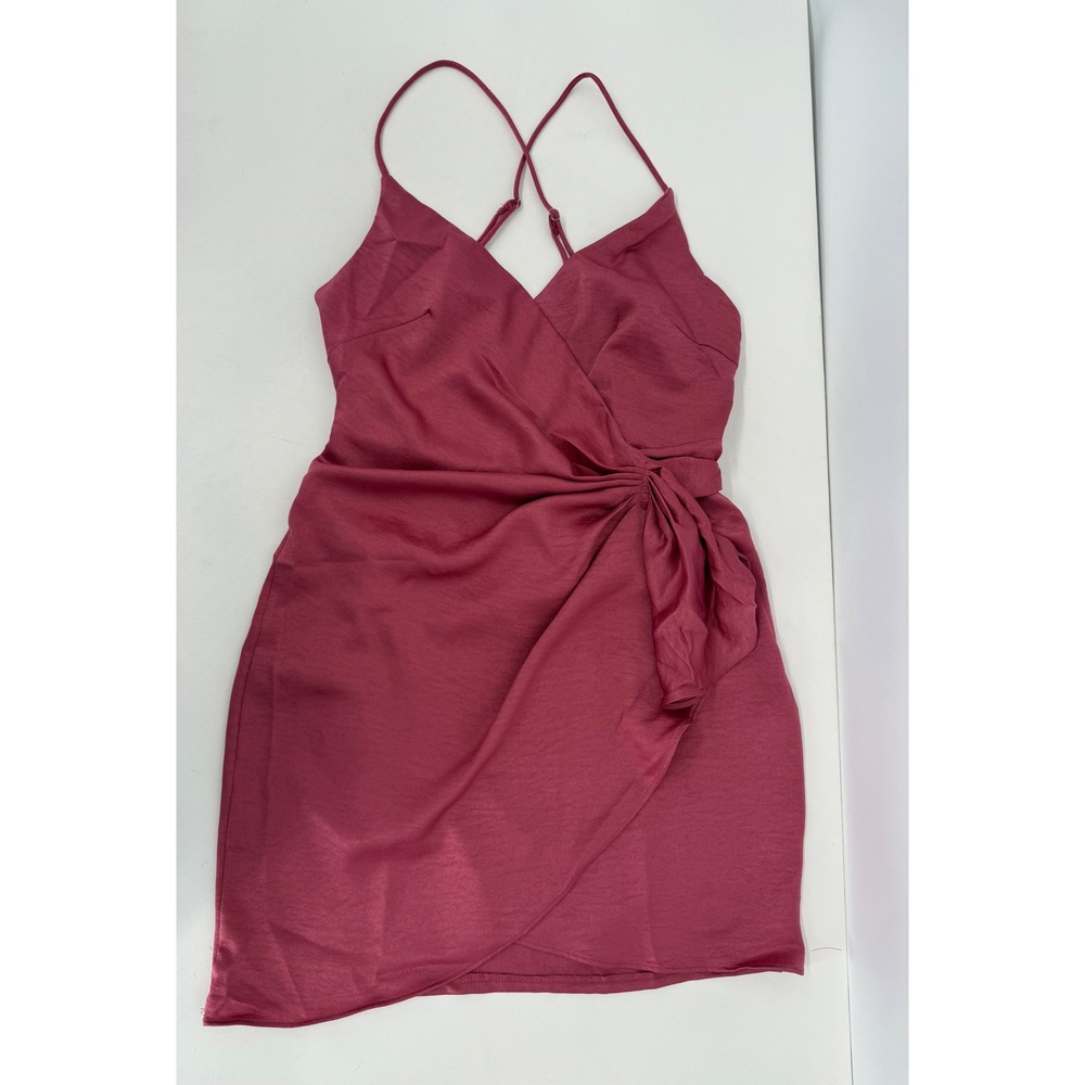 Hello Molly Pink Satin Wrap Mini Dress Spaghetti Strap Cross Back V-Neck Sz 4